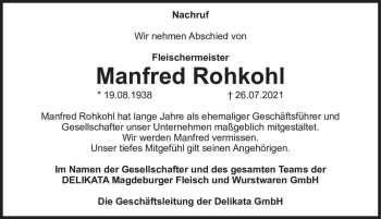 Traueranzeige von Manfred Rohkohl  von Magdeburger Volksstimme