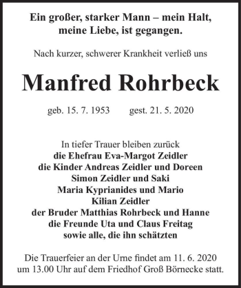 Traueranzeige von Manfred Rohrbeck  von Magdeburger Volksstimme