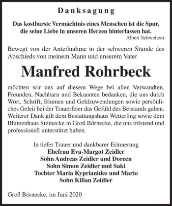 Traueranzeige von Manfred Rohrbeck  von Magdeburger Volksstimme