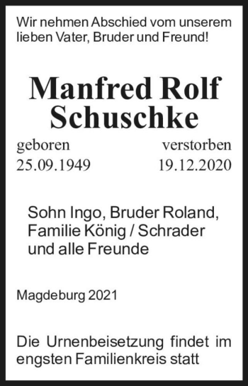 Traueranzeige von Manfred Rolf Schuschke  von Magdeburger Volksstimme