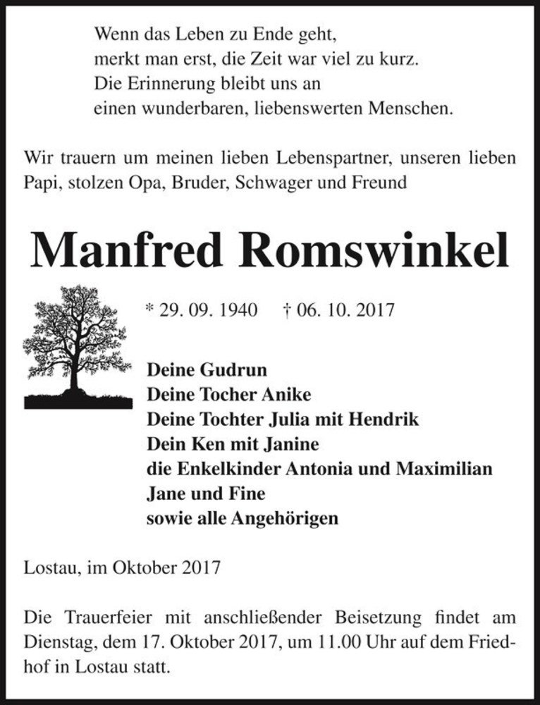  Traueranzeige für Manfred Romswinkel  vom 11.10.2017 aus Magdeburger Volksstimme