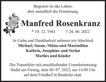 Traueranzeige von Manfred Rosenkranz  von Magdeburger Volksstimme
