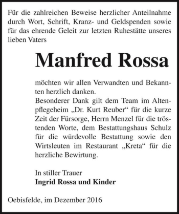 Traueranzeige von Manfred Rossa  von Magdeburger Volksstimme