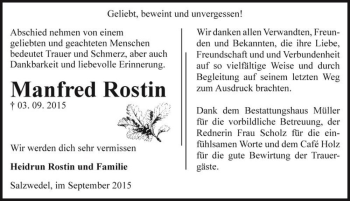 Traueranzeige von Manfred Rostin  von Magdeburger Volksstimme