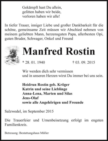 Traueranzeige von Manfred Rostin  von Magdeburger Volksstimme