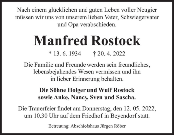 Traueranzeige von Manfred Rostock  von Magdeburger Volksstimme