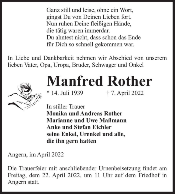 Traueranzeige von Manfred Rother  von Magdeburger Volksstimme