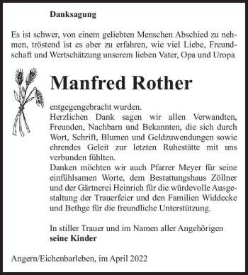 Traueranzeige von Manfred Rother  von Magdeburger Volksstimme