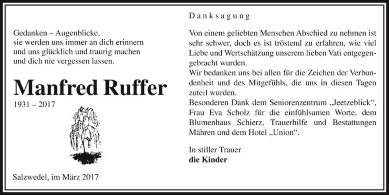  Traueranzeige für Manfred Ruffer  vom 15.03.2017 aus Magdeburger Volksstimme
