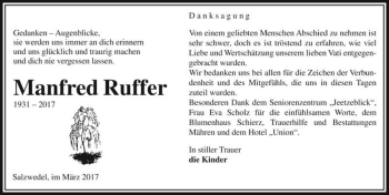 Traueranzeige von Manfred Ruffer  von Magdeburger Volksstimme