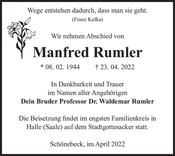 Traueranzeige von Manfred Rumler  von Magdeburger Volksstimme