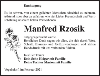 Traueranzeige von Manfred Rzosik  von Magdeburger Volksstimme