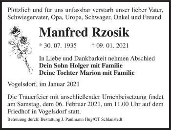 Traueranzeige von Manfred Rzosik  von Magdeburger Volksstimme