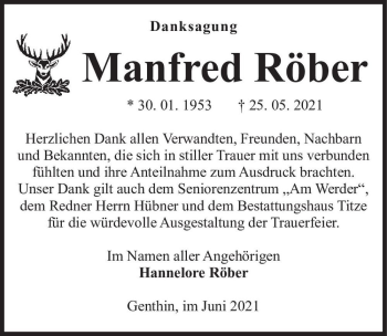 Traueranzeige von Manfred Röber  von Magdeburger Volksstimme