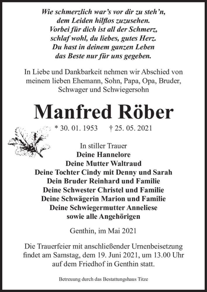  Traueranzeige für Manfred Röber  vom 05.06.2021 aus Magdeburger Volksstimme
