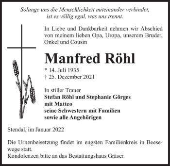 Traueranzeige von Manfred Röhl  von Magdeburger Volksstimme
