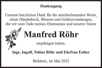 Traueranzeige von Manfred Röhr  von Magdeburger Volksstimme