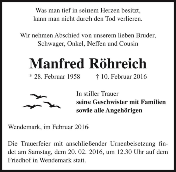 Traueranzeige von Manfred Röhreich  von Magdeburger Volksstimme