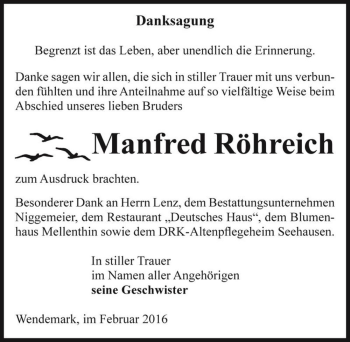 Traueranzeige von Manfred Röhreich  von Magdeburger Volksstimme