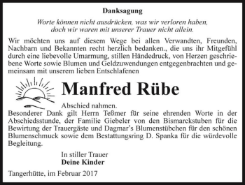 Traueranzeige von Manfred Rübe  von Magdeburger Volksstimme