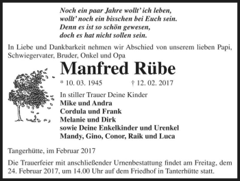 Traueranzeige von Manfred Rübe  von Magdeburger Volksstimme