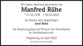 Traueranzeige von Manfred Rühe  von Magdeburger Volksstimme