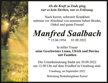 Traueranzeige von Manfred Saalbach  von Magdeburger Volksstimme