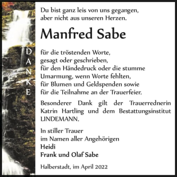 Traueranzeige von Manfred Sabe  von Magdeburger Volksstimme