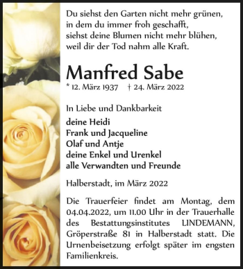 Traueranzeige von Manfred Sabe  von Magdeburger Volksstimme