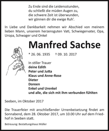 Traueranzeige von Manfred Sachse  von Magdeburger Volksstimme