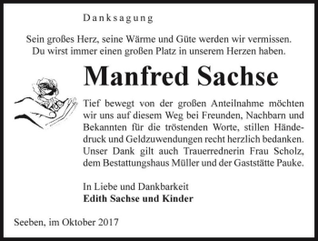 Traueranzeige von Manfred Sachse  von Magdeburger Volksstimme