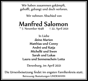 Traueranzeige von Manfred Salomon  von Magdeburger Volksstimme