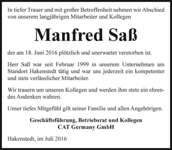 Traueranzeige von Manfred Saß  von Magdeburger Volksstimme
