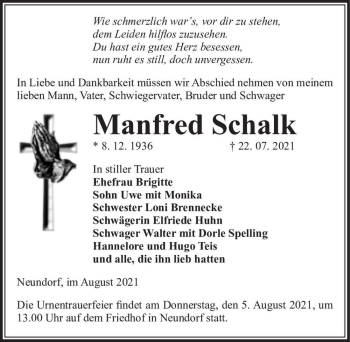 Traueranzeige von Manfred Schalk  von Magdeburger Volksstimme