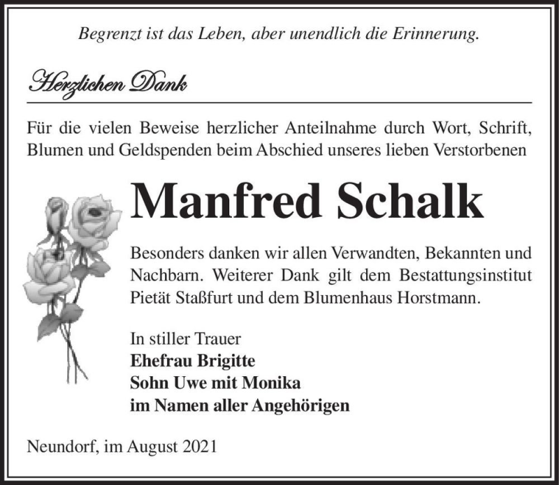  Traueranzeige für Manfred Schalk  vom 14.08.2021 aus Magdeburger Volksstimme