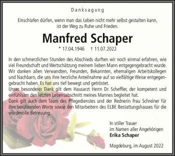 Traueranzeige von Manfred Schaper  von Magdeburger Volksstimme