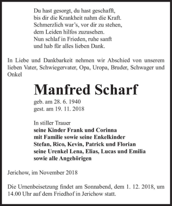 Traueranzeige von Manfred Scharf  von Magdeburger Volksstimme