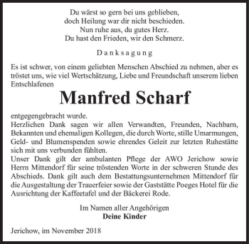 Traueranzeige von Manfred Scharf  von Magdeburger Volksstimme