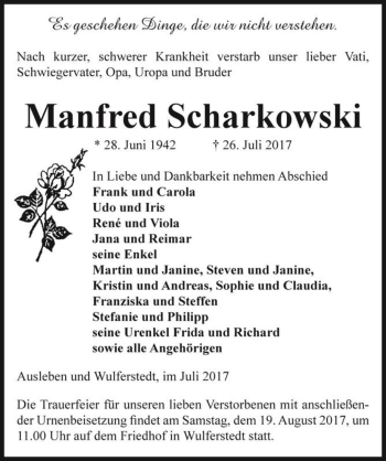 Traueranzeige von Manfred Scharkowski  von Magdeburger Volksstimme