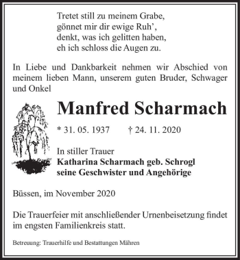 Traueranzeige von Manfred Scharmach  von Magdeburger Volksstimme