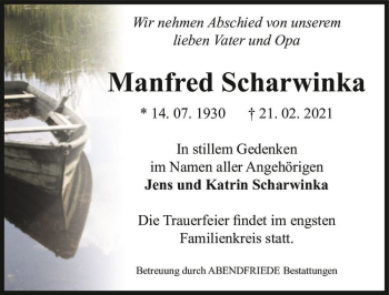 Traueranzeige von Manfred Scharwinka  von Magdeburger Volksstimme