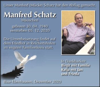 Traueranzeige von Manfred Schatz (Mäuschen)  von Magdeburger Volksstimme