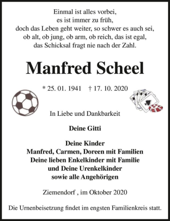 Traueranzeige von Manfred Scheel  von Magdeburger Volksstimme