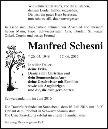 Traueranzeige von Manfred Schesni  von Magdeburger Volksstimme