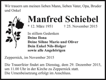 Traueranzeige von Manfred Schiebel  von Magdeburger Volksstimme