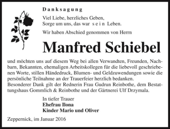 Traueranzeige von Manfred Schiebel  von Magdeburger Volksstimme