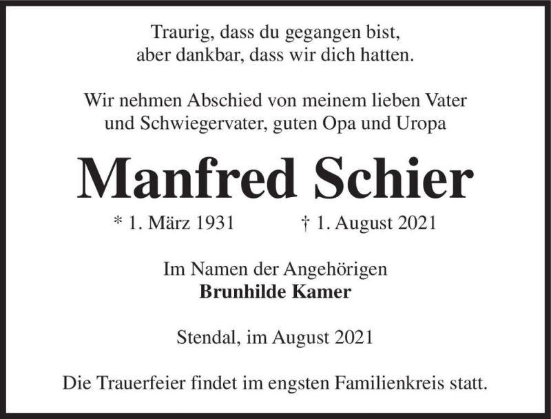  Traueranzeige für Manfred Schier  vom 07.08.2021 aus Magdeburger Volksstimme