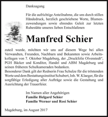 Traueranzeige von Manfred Schier  von Magdeburger Volksstimme