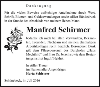 Traueranzeige von Manfred Schirmer  von Magdeburger Volksstimme