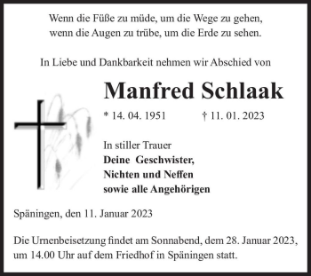 Traueranzeige von Manfred Schlaak  von Magdeburger Volksstimme